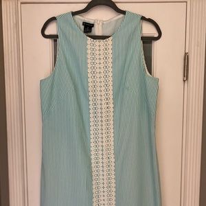 Seersucker blue stripe dress with faux lace accent